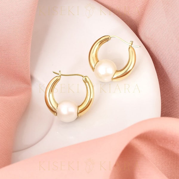 18k Solid Gold Natural Freshwater Pearl Hoop, Elegant Pearl Hoop, Handmade Pearl Earrings, Classic Pearl Hoop Earrings, Understated Jewelry