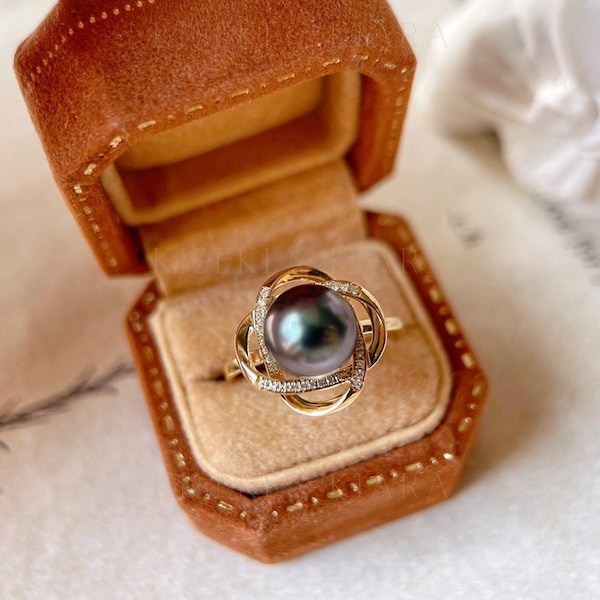 9MM Tahitian South Sea Pearl Engagement Ring, 14k Solid Gold Natural Black Pearl Solitaire Ring, Art Deco Pearl Ring, Pearl Statement Ring