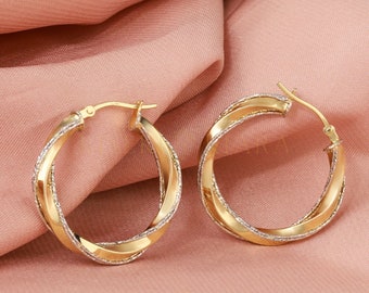 18k Two Color Twisted Hoop Earrings, Dazzling Spiral Hoop Earrings, Glamorous Solid Gold Hoops, Shimmering Earrings, Glistening Earrings