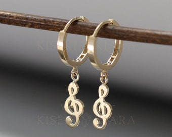 10k Solid Gold Musical Note Drop Earrings, G Clef Symbol Hoop Earrings, Musical Theme Dangle Earrings, Treble Clef Gift for Musicians