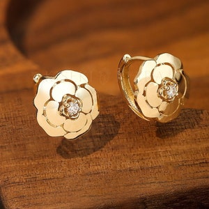 14k Solid Gold Camellia Flower Huggies, Moissanite Floral Huggie Earrings, Romantic Rose Bud Hoop Jewelry, Nature Inspired Huggie Hoops