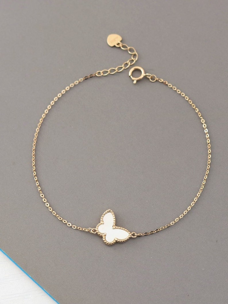 14k Solid Gold Mother of Pearl White Butterfly Bracelet, Butterfly Charm Bracelet For Women, Petite Stackable Bracelet, Minimalist Bracelet image 1