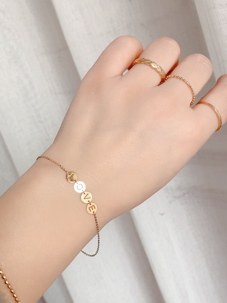 14k Solid Gold LOVE Disc Charm Bracelets, Love Themed Bracelets Stacking, Love Symbol Bracelets, Sentimental Jewelry, Romantic Gifts For Her image 4