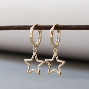 10k Solid Gold Stellar Star Drop Hoop Earrings Hypoallergenic Celestial Gift Shining and Playful Design Eye-catching Statement Piece image 1