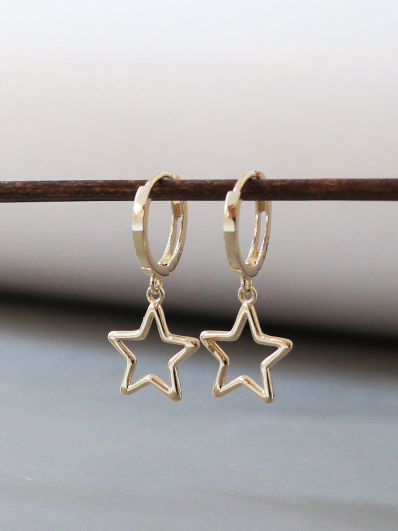 10k Solid Gold Stellar Star Drop Hoop Earrings Hypoallergenic Celestial Gift Shining and Playful Design Eye-catching Statement Piece image 1