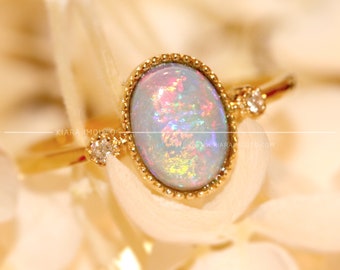 14K Real Gold Milky Opal Stone Ring, Natural Opal Diamond Ring, Gold Opal Ring, Opal Engagement Ring, Fire Opal Ring, Opal Wedding Rings