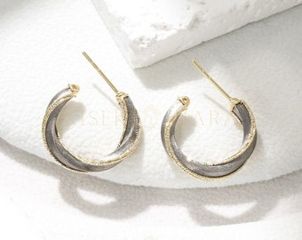 18k Classy Solid Gold Stud Earrings, Spiral Hoop Earrings, Trendy Two Tone Gold Shimmering Earrings, Sparkling Earrings, Glittering Earrings