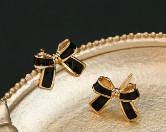 14K Solid Gold Cute Black Bow Stud Earrings, Ribbon Bow Knot Charm Earrings, Adorable Bow Tie Earrings, Sweet Black Enamel Bow Earrings