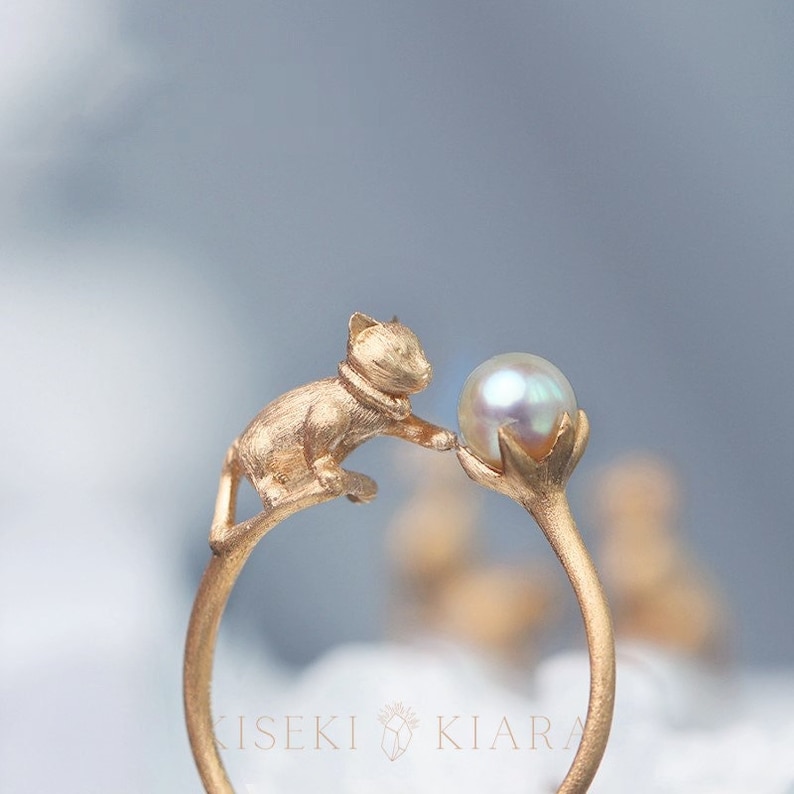 Cat Stuff For Cat Lovers: Naughty Cute 3D Cat Ring, Japanese Akoya Seawater Pearls, 18k Yellow Gold, Gifts For Cat Owners, Cute Promise Ring image 1