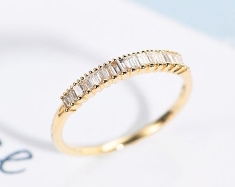Minimalist Moissanite Ring, Dainty Baguette Ring, 18K Gold Baguette Ring, Baguette Wedding Band, Baguette Diamond Ring, Baguette Stacking