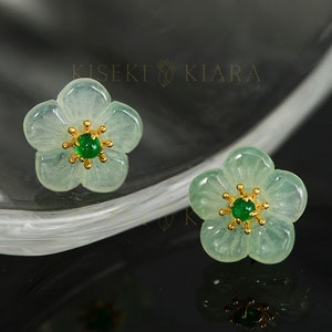 18k Solid Gold Unique Jadeite Flower Stud Earrings, Natural Emerald Studs, Elegant Floral Petal Earrings, Grade A Burmese Feicui Jade Studs