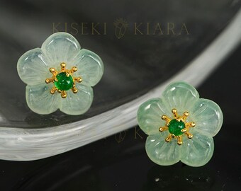 18k Solid Gold Unique Jadeite Flower Stud Earrings, Natural Emerald Studs, Elegant Floral Petal Earrings, Grade A Burmese Feicui Jade Studs