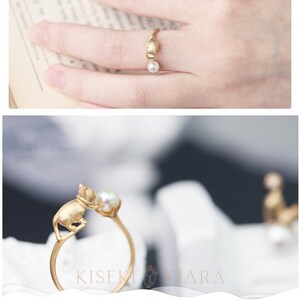 Cat Stuff For Cat Lovers: Naughty Cute 3D Cat Ring, Japanese Akoya Seawater Pearls, 18k Yellow Gold, Gifts For Cat Owners, Cute Promise Ring image 6