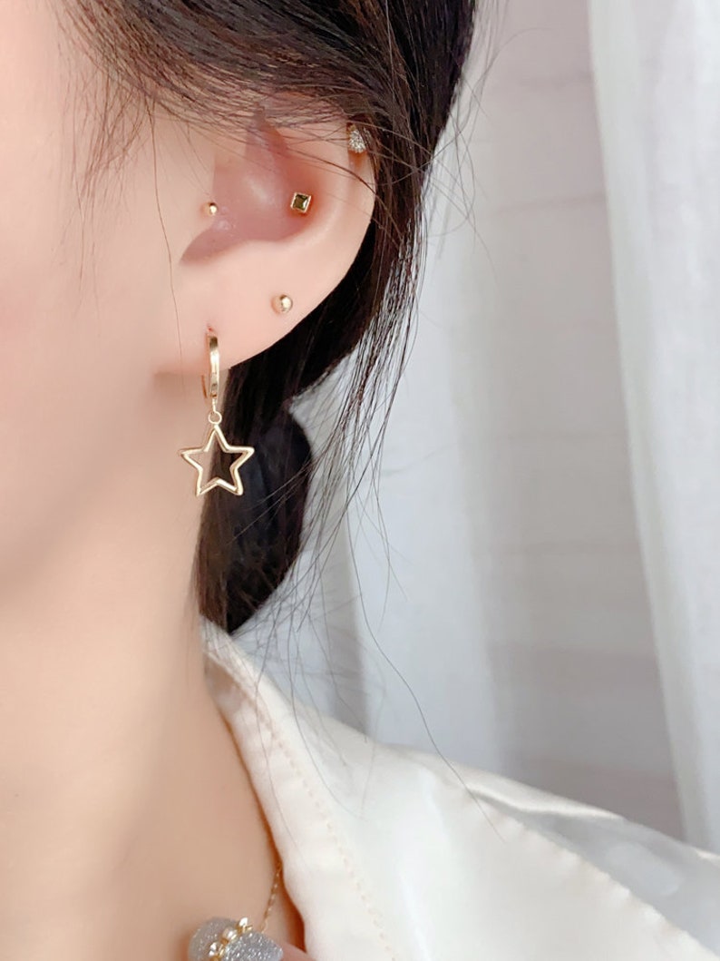 10k Solid Gold Stellar Star Drop Hoop Earrings Hypoallergenic Celestial Gift Shining and Playful Design Eye-catching Statement Piece image 3