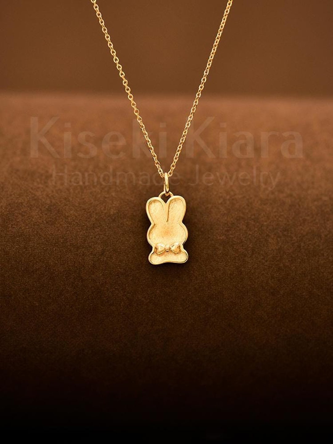 14k Solid Gold Adorable Bunny Necklace, Bunny Charm With Bow, Kawaii ...