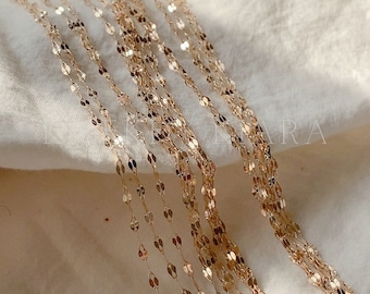 14K Gold Sparkle Diamond Cut Chain, Elegant Solid Gold Sparkle Flat Link Chain Gold Necklace, Twisted Sparkle Minimalist Necklace Chain