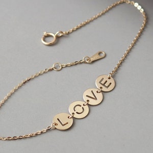 14k Solid Gold LOVE Disc Charm Bracelets, Love Themed Bracelets Stacking, Love Symbol Bracelets, Sentimental Jewelry, Romantic Gifts For Her image 2