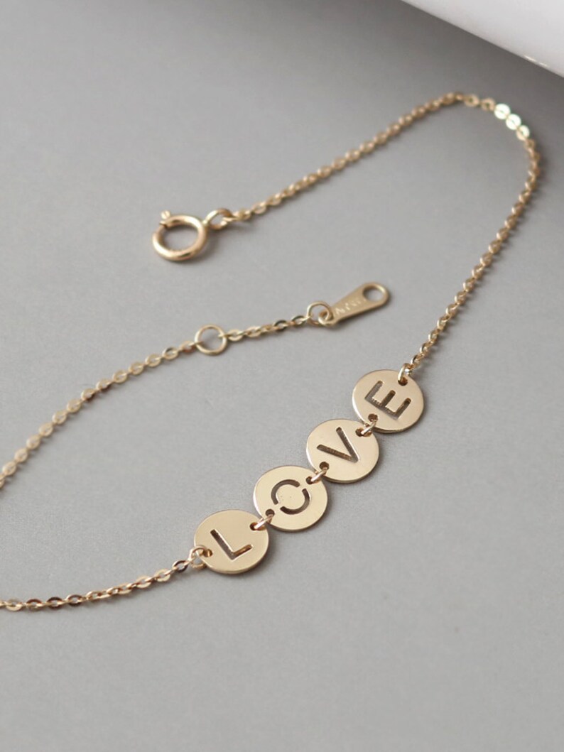 14k Solid Gold LOVE Disc Charm Bracelets, Love Themed Bracelets Stacking, Love Symbol Bracelets, Sentimental Jewelry, Romantic Gifts For Her image 2