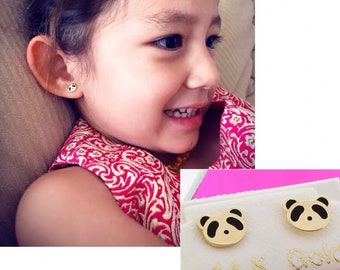 Cute Panda Stud Earrings, Children's Screw Back Earrings, Little Girl Earrings, Kids Earrings For Sensitive Ears, Pure 14K Gold Studs