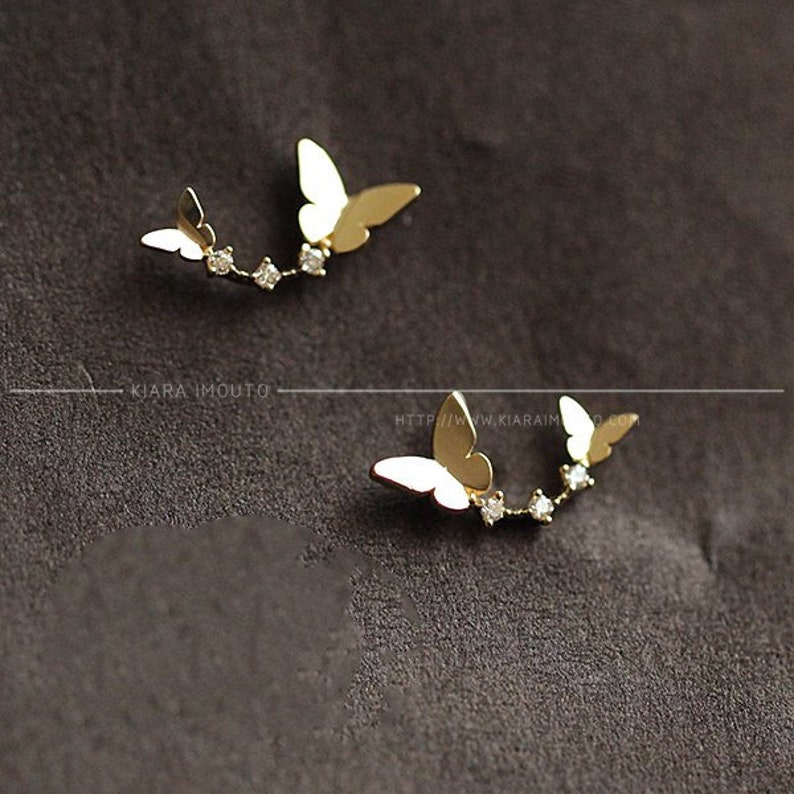 Pure 14K gold two butterflies zirconium diamonds real gold | Etsy