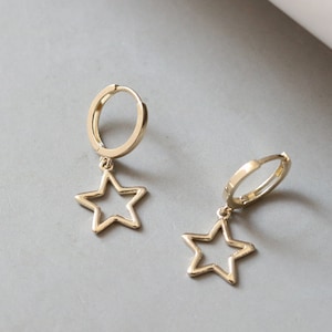 10k Solid Gold Stellar Star Drop Hoop Earrings Hypoallergenic Celestial Gift Shining and Playful Design Eye-catching Statement Piece image 2