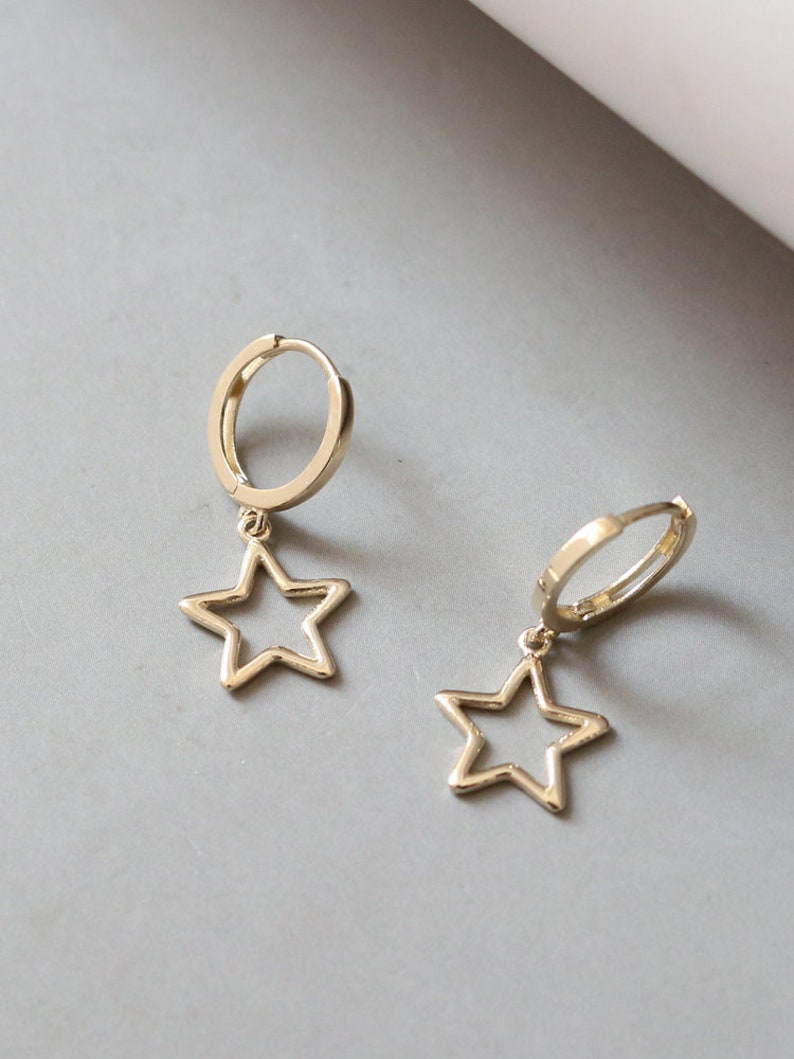 10k Solid Gold Stellar Star Drop Hoop Earrings Hypoallergenic Celestial Gift Shining and Playful Design Eye-catching Statement Piece image 2