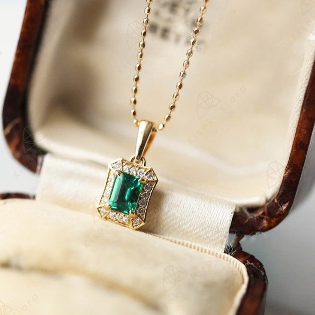 14K Gold Vintage Emerald Pendant Necklace, Emerald Cut Natural Green ...
