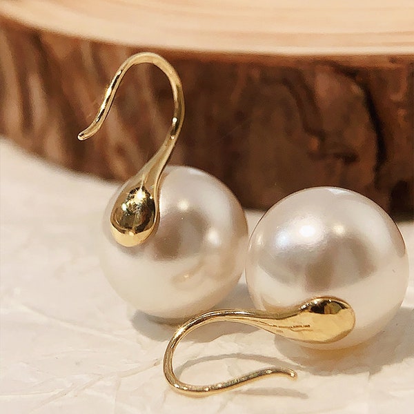 10k Solid Gold 12MM Mother of Pearl Elegant Fish Hook Earrings, Classic Ivory Pearl Earrings, Wedding Bridal Earrings, Modern Pearl Earrings