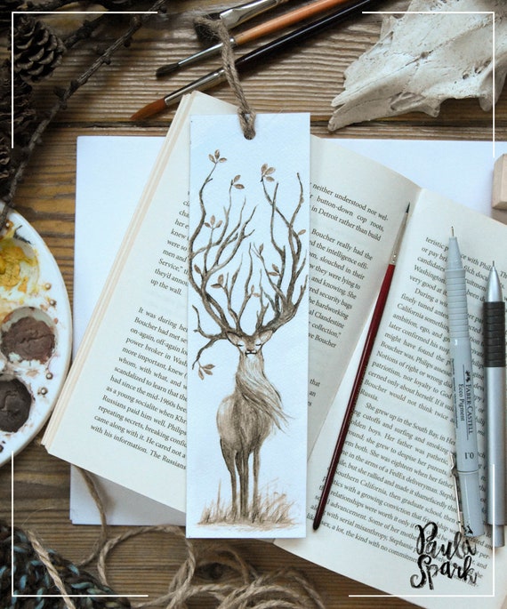 Nature Deer Bookmark Watercolor Painting Original Gift Tree Deer Illustration Autumn,