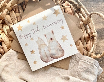 3rd Leather Anniversary Card, Bears, 3rd Wedding Anniversary Card, For Wife, Husband, Mum & Dad, Special Friends, Son in Law, Daughter, ABE3