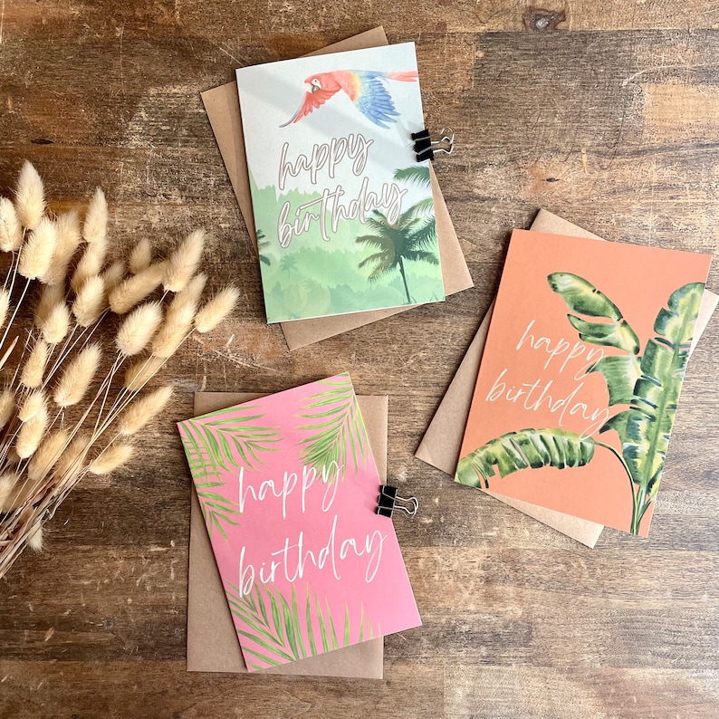 Birthday Card Pack, Pack of 3, Tropical, Palm Leaves, Jungle, Pink, Rainforest, Beach, Pack of Cards image 1