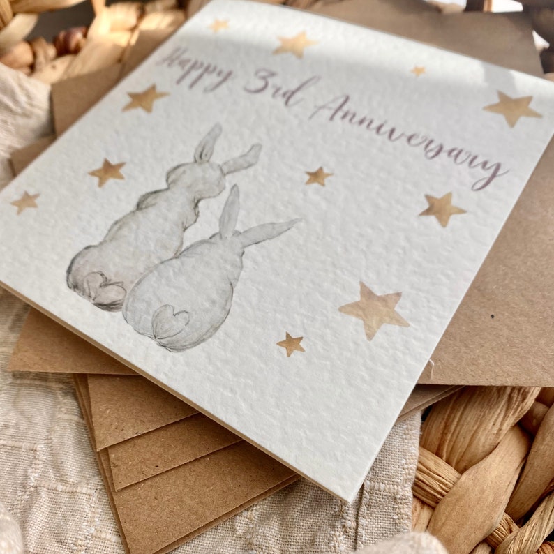 3rd Anniversary Card: Leather Anniversary, Rabbits & Stars - Etsy