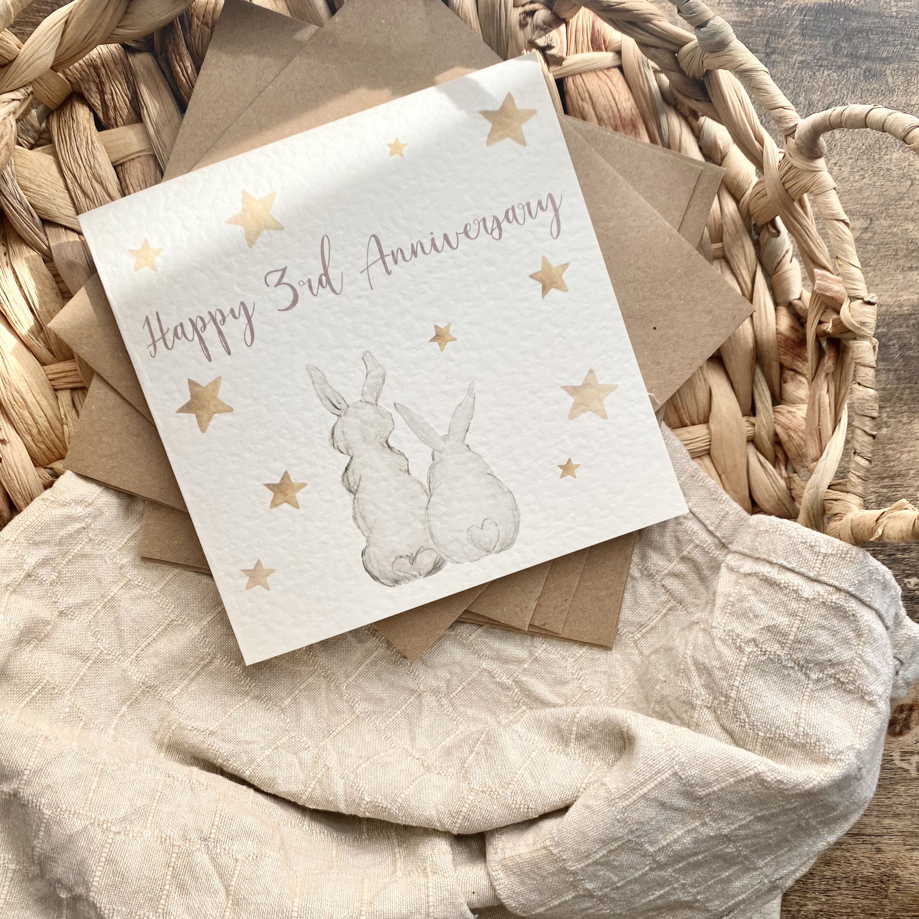 3rd Anniversary Card: Leather Anniversary, Rabbits & Stars - Etsy