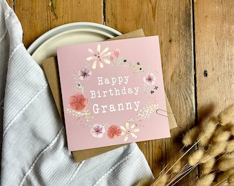 carte d'anniversaire de grand-mère | Couronne florale avec fleurs pressées | Carte d'anniversaire faite main pour grand-mère | Carte de voeux florale rose, BFR2-G
