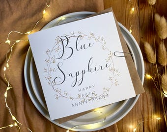 Blue Sapphire 65th Anniversary Card: Handmade 6x6 Card