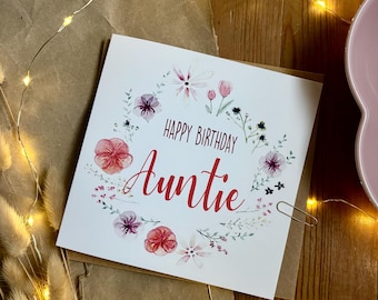 Auntie Birthday Card, Floral Wreath Design