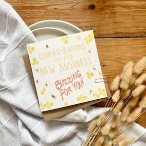 Tarjeta de felicitación para nuevo negocio: "Buzzing for You" (Diseño de abejorro), mensaje personalizado para nuevo dueño de tienda o emprendedor, GLBV1