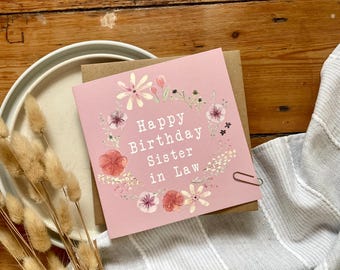 Carte de joyeux anniversaire belle-soeur - Couronne de fleurs avec fleurs pressées - Fait main et personnalisé - Esthétique rose élégante, BFR2-SIL