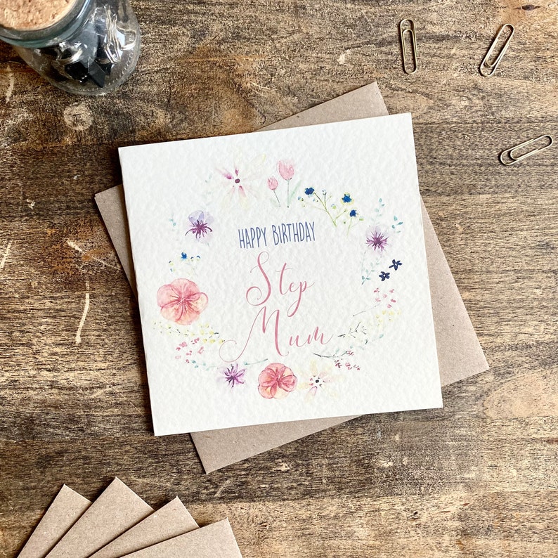 Step Mum Birthday Card, Happy Birthday Step Mum, Floral, Pressed Flowers, Step mother, From your Step Daughter, Step Son, BFR1-SM image 1
