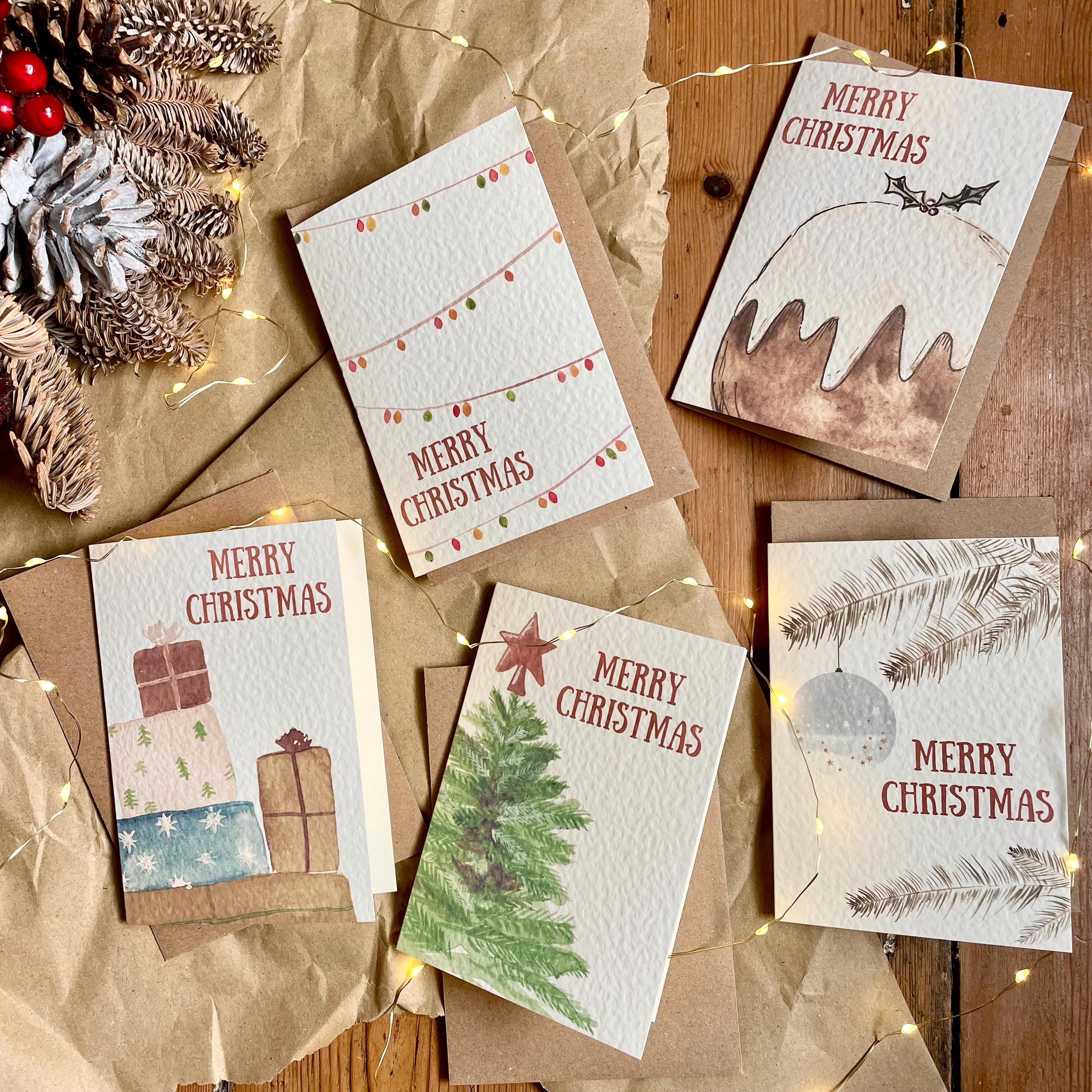 Paquete de 5 tarjetas navideñas de lujo: elegantes tarjetas de felicitación navideñas con diseños individuales. Papelería festiva premium.