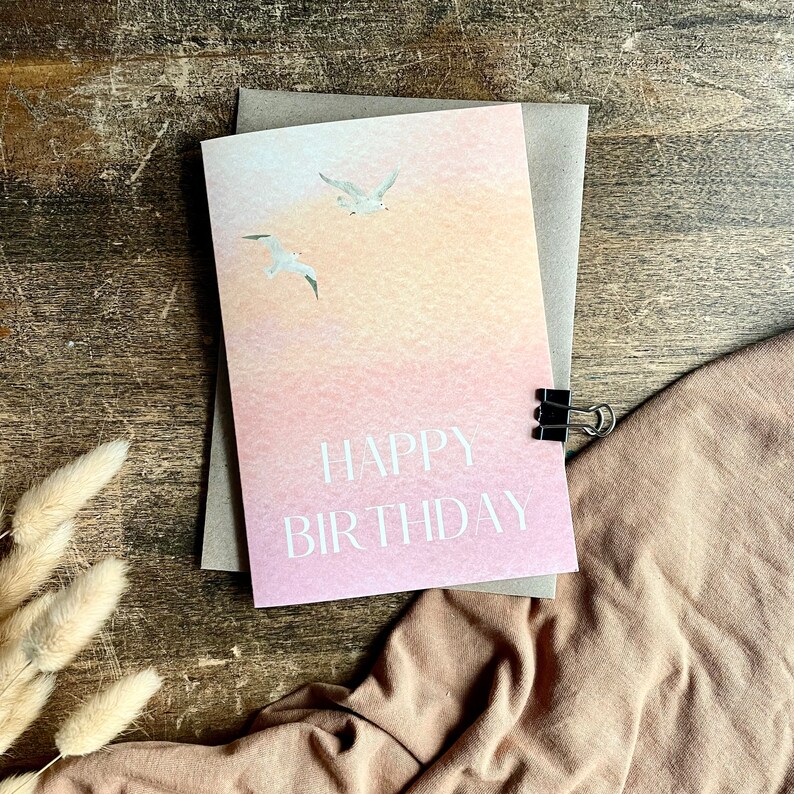 Birthday Card, Bird Lover Birthday, Gifts, Sea Gulls, Personalised, Sunset, Sunrise, Seascape, Grandma, Granddad, Aunt, Uncle, B18 image 1