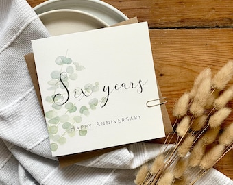 Cartão personalizado para 6º aniversário de ferro – Design de eucalipto em aquarela, mensagem personalizada para esposa, marido, pais ou amigos especiais AE6