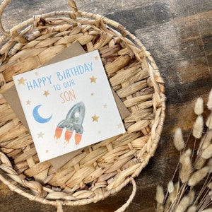 Tarjeta de cumpleaños para hijo (1.º, 2.º, 3.º, 4.º, 5.º cumpleaños), temática espacial, cohete, hijo, nieto, sobrino, ahijado, hermano, cohete, espacio, nave espacial, BR-S