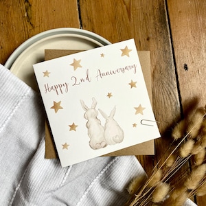 Tarjeta de 2.º aniversario / Regalo de aniversario de algodón con conejitos / Tarjeta de boda personalizada / Tarjeta de pareja de conejitos para esposo o esposa, ABU2