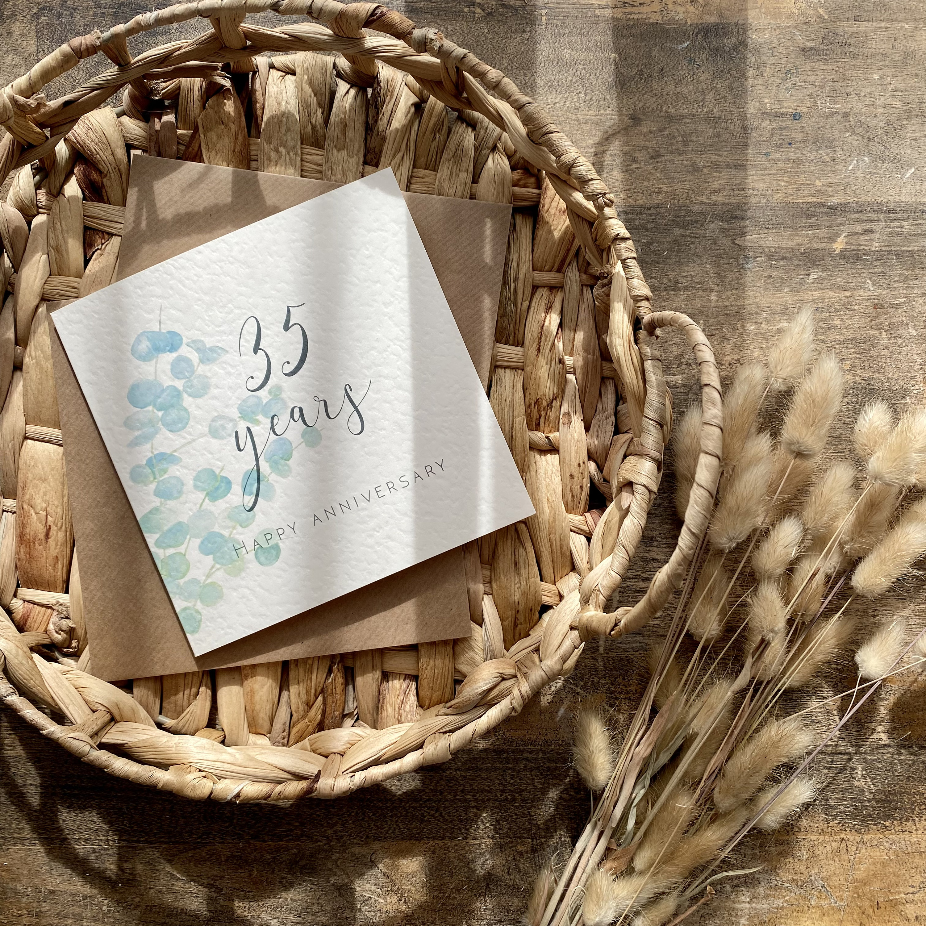 35th Anniversary Card: Coral Wedding Anniversary, Eucalyptus Design