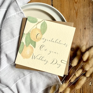 Carte de mariage botanique faite main - Motif citron, cadeau à l'étranger, carte de félicitations pour couple - WD1