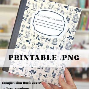 May include: A composition book cover with a cream background and a repeating pattern of blue religious imagery and foliage. The cover has a white label with the words "COMPOSITION BOOK". The word "PRINTABLE .PNG" is printed in large black letters.