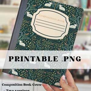 May include: A composition book cover with a dark teal background featuring a pattern of white sheep and botanical elements. The cover has a cream-colored label that reads "COMPOSITION BOOK". The text "PRINTABLE .PNG" is displayed across the top.