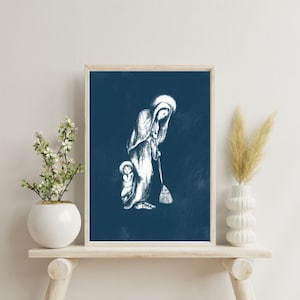 Our Lady at Home Digital Art Print, Blue Background, Printable Art, 8x10 Digital download