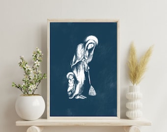 Our Lady at Home Art Print: Catholic Art, Blue Background (Digital Download)